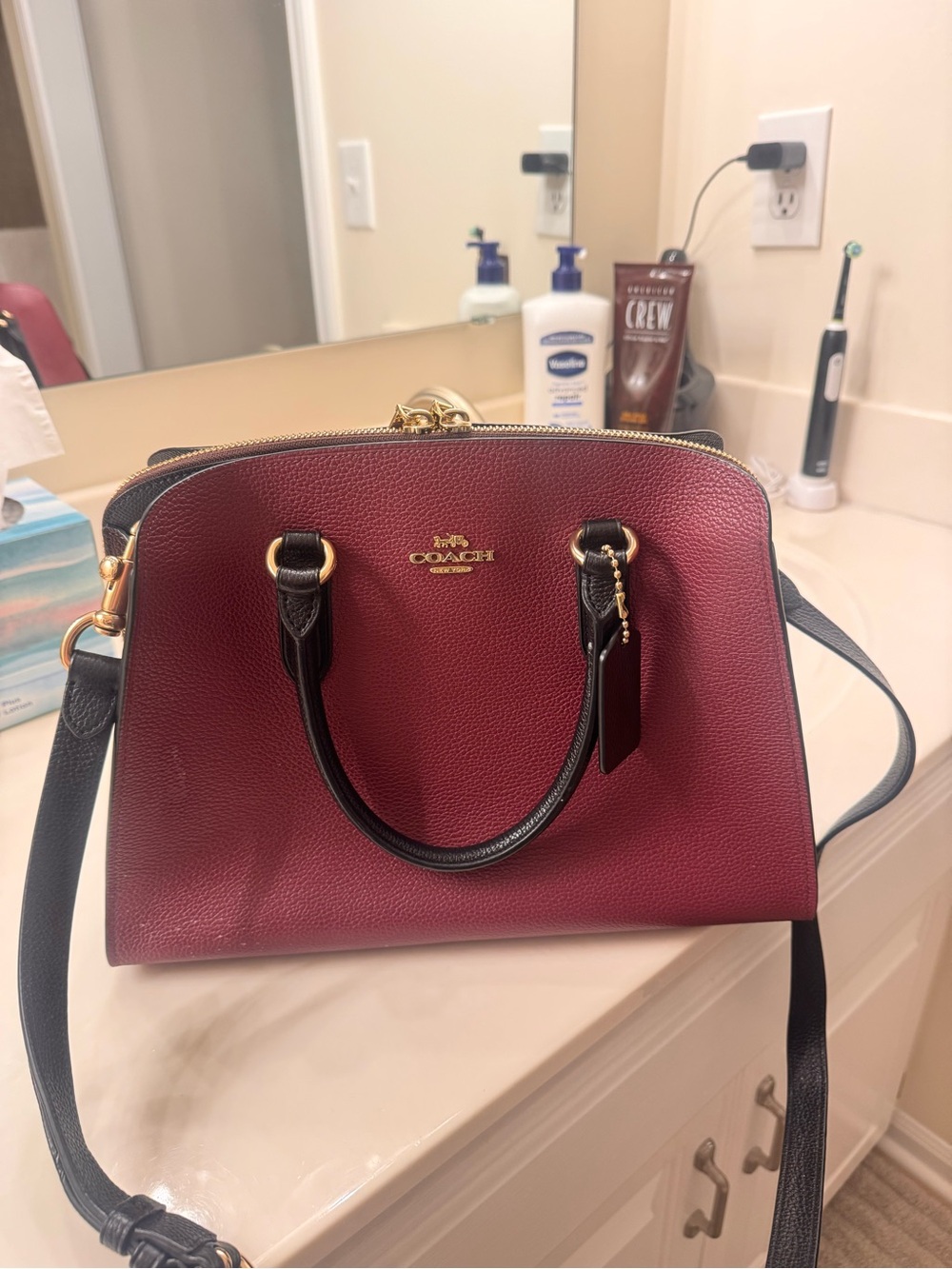 Coach Pebbled Leather Satchel in Burgundy with Black Handles